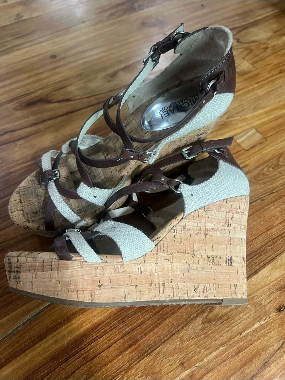 Michael Kors Brown Cork Wedge Sandals buckle with Silver 4 inch heel size 7.5